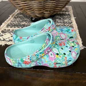 CROCS Floral Print Mules in Aqua and Multicolor